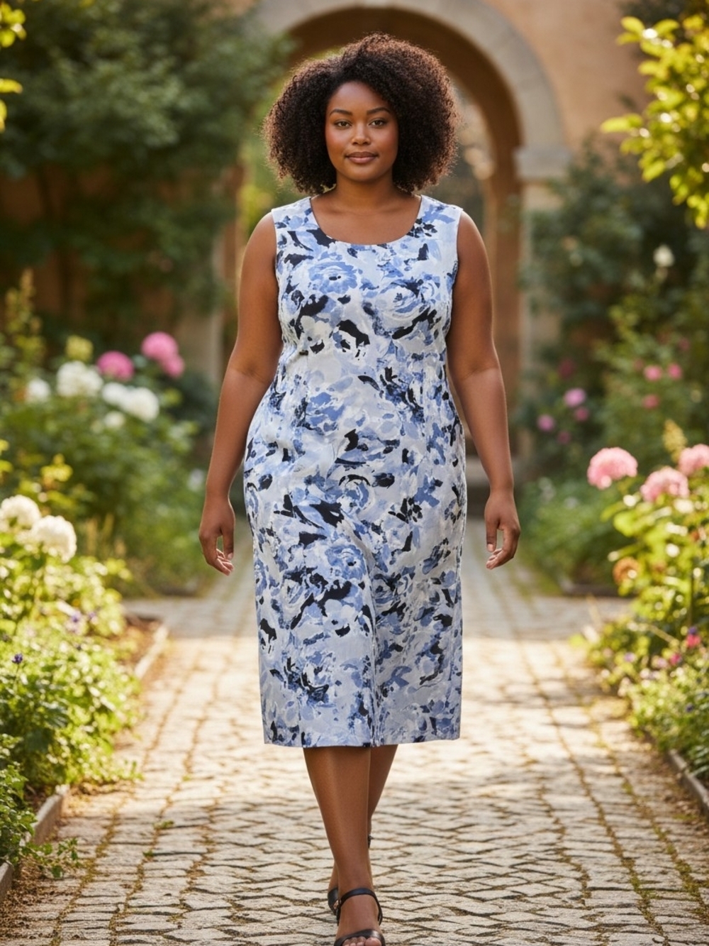 Blair Blue and White Floral Scoop-Neck Midi Dress